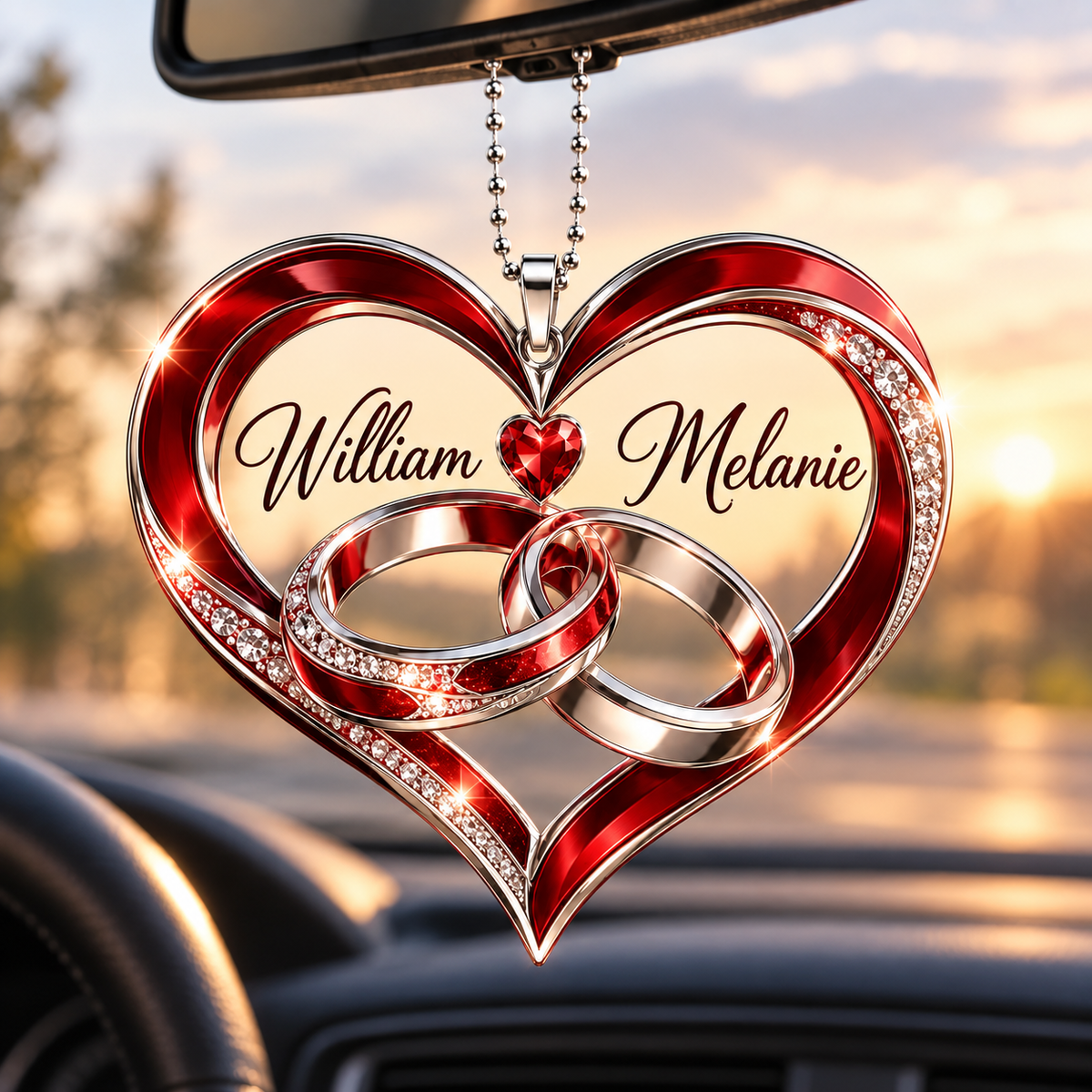 Personalized Couple Heart Car Ornament – Custom Names, Interlocking Rings Heart Keepsake, Anniversary Gift for Couples