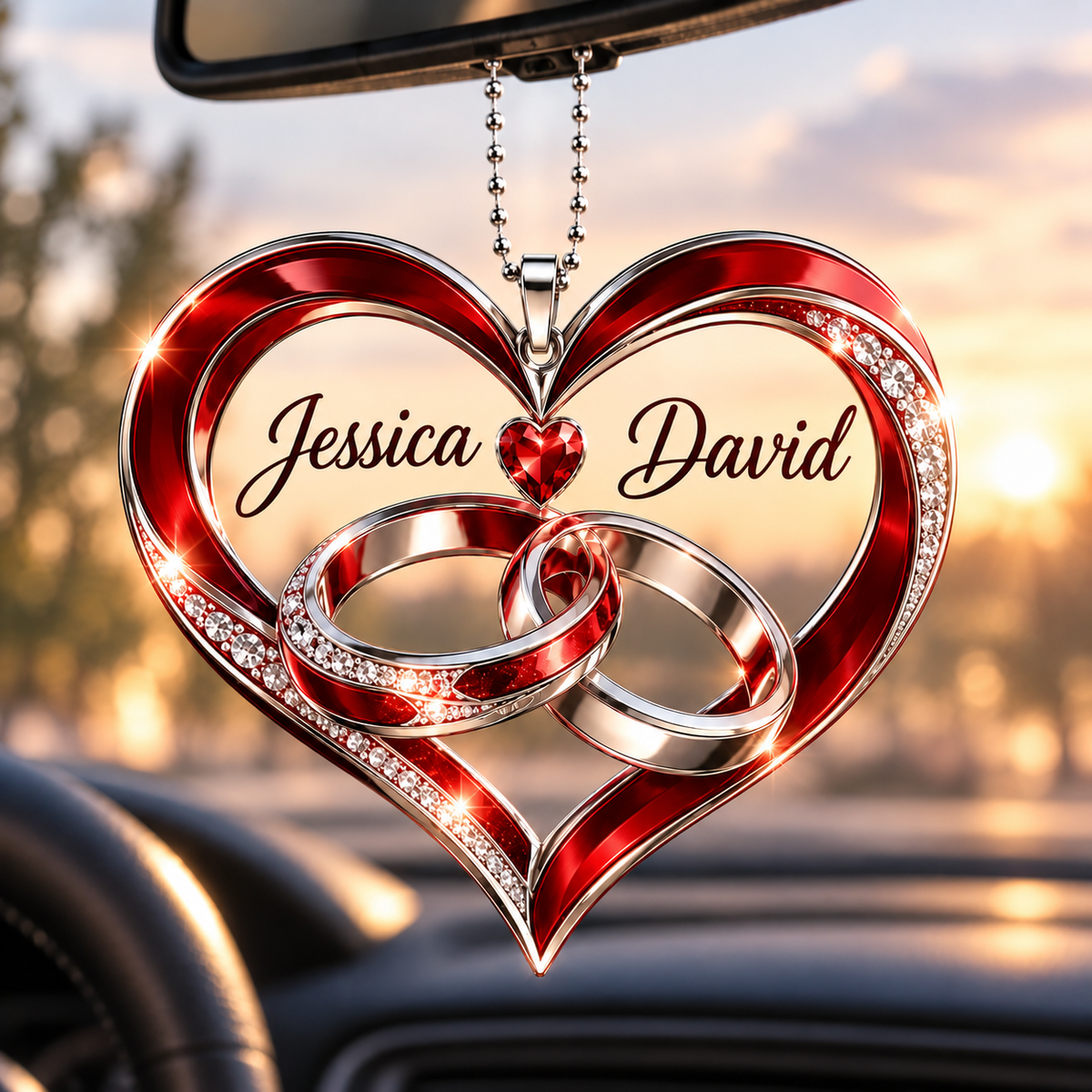 Personalized Couple Heart Car Ornament – Custom Names, Interlocking Rings Heart Keepsake, Anniversary Gift for Couples