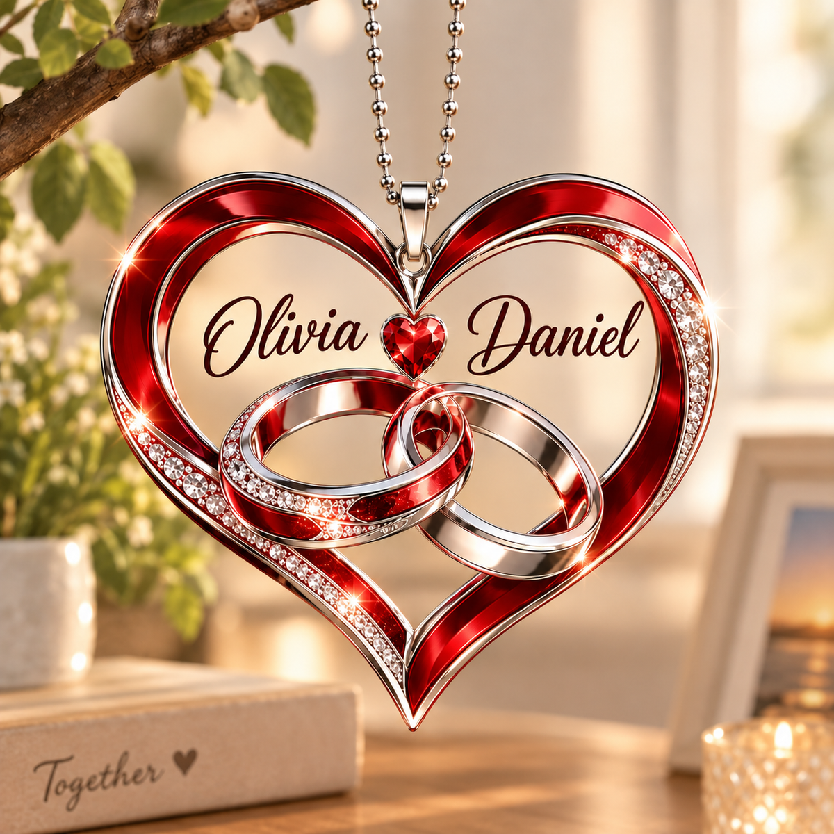 Personalized Couple Heart Car Ornament – Custom Names, Interlocking Rings Heart Keepsake, Anniversary Gift for Couples