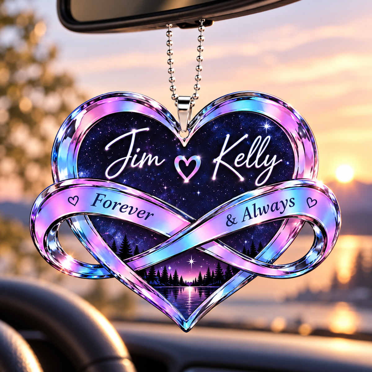 Personalized Hologram Infinity Heart Ornament - Forever & Always Romantic Car Ornament - Anniversary Gift for Couples