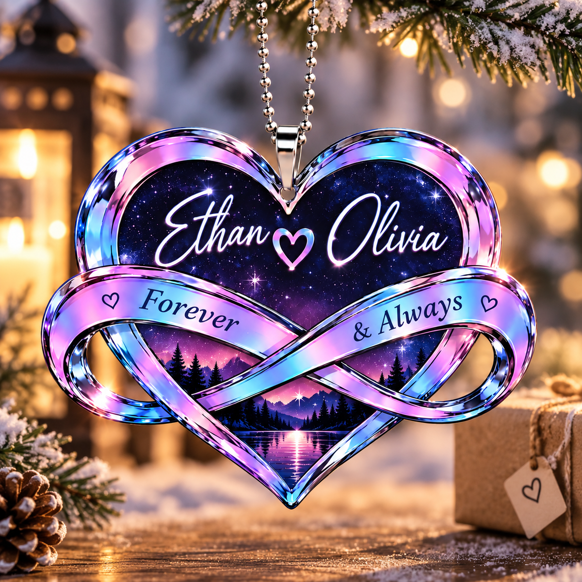 Personalized Hologram Infinity Heart Ornament - Forever & Always Romantic Car Ornament - Anniversary Gift for Couples