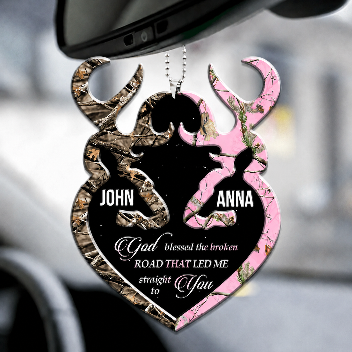 Personalized Buck And Doe Heart God Blessed Ornament, Couple Gift