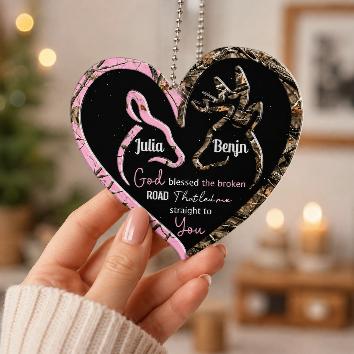 Personalized Deer Heart Doe Buck God Blessed Ornament, Custom Gift for Couples, Anniversary Gift