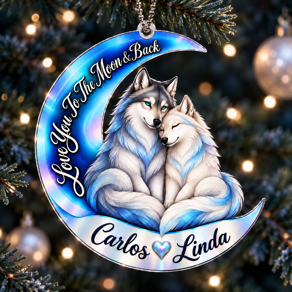 Personalized Names Love You to the Moon & Back Blue Wolf Couple Ornament – Anniversary Keepsake
