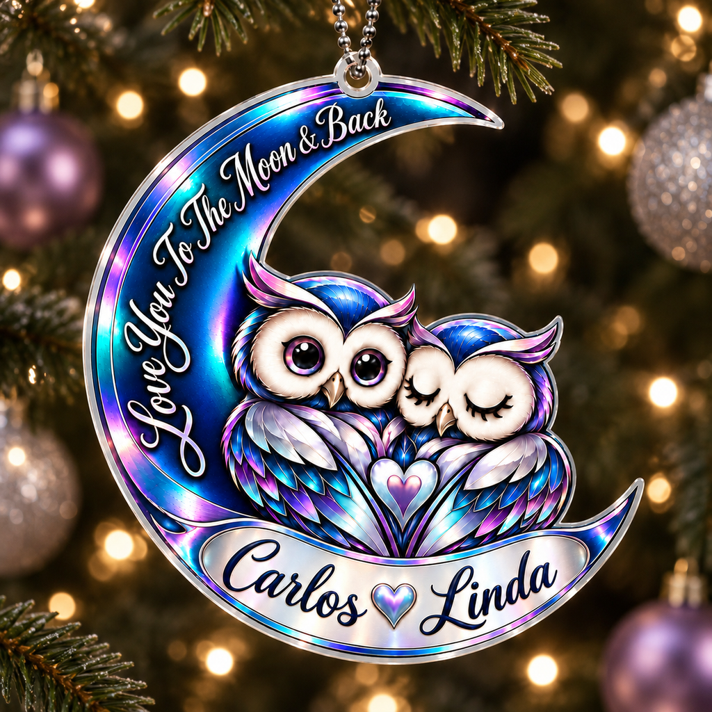 Personalized Names Blue Owl Couple Moon Ornament – Anniversary Keepsake