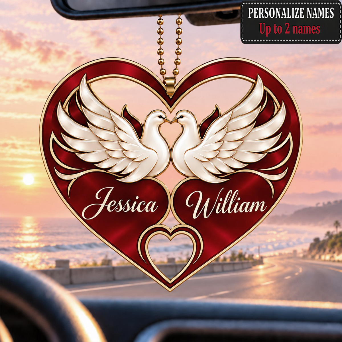 Personalized Names Dove Couple Red Heart Ornament – Anniversary Gift