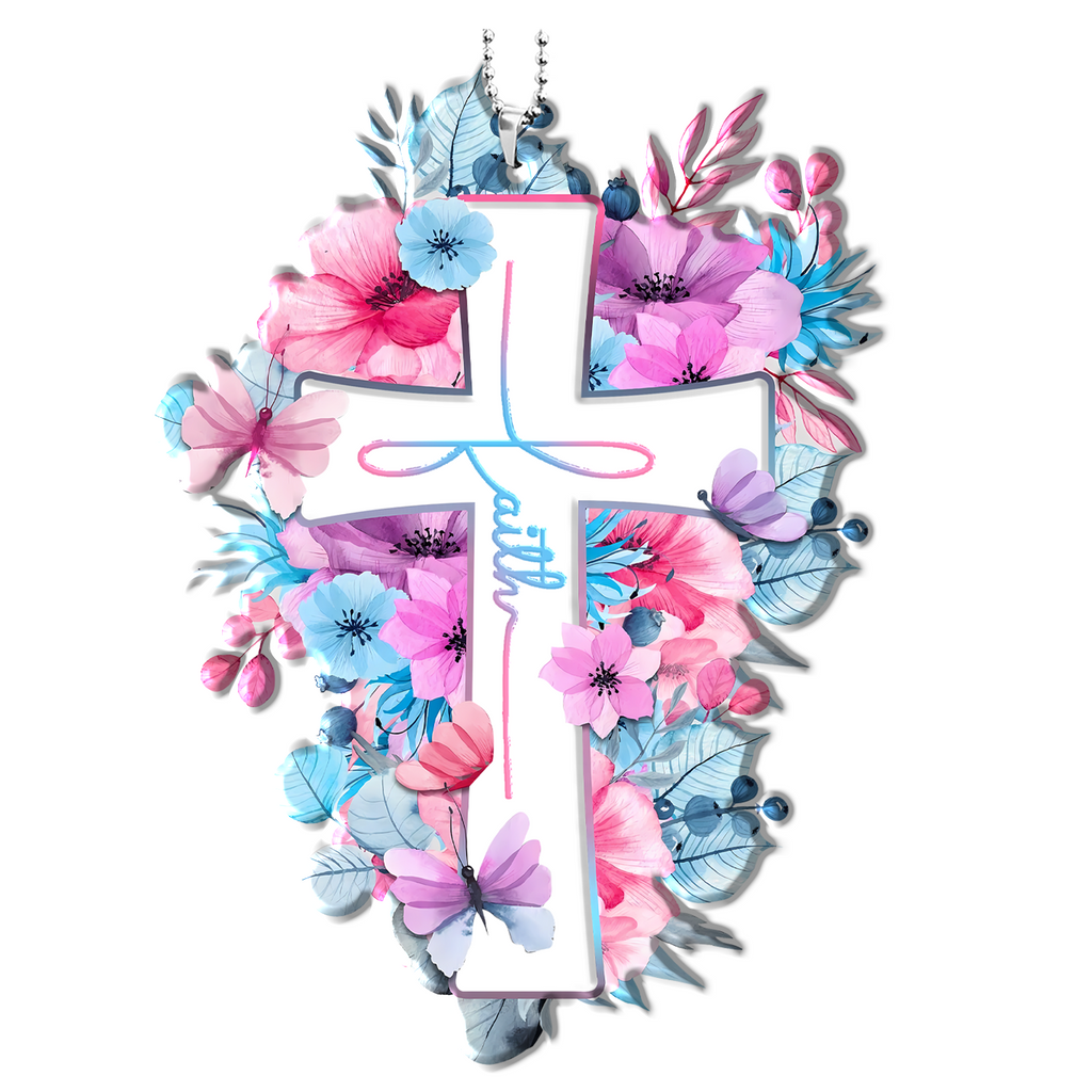 Pink Blue Flowers Butterflies Faith Cross Christian Ornament Gift Christmas Ornament Car Hanging