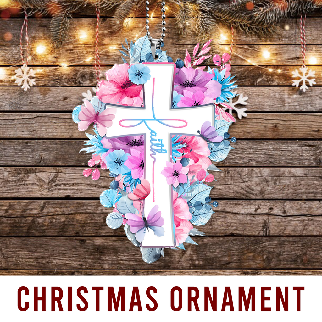 Pink Blue Flowers Butterflies Faith Cross Christian Ornament Gift Christmas Ornament Car Hanging