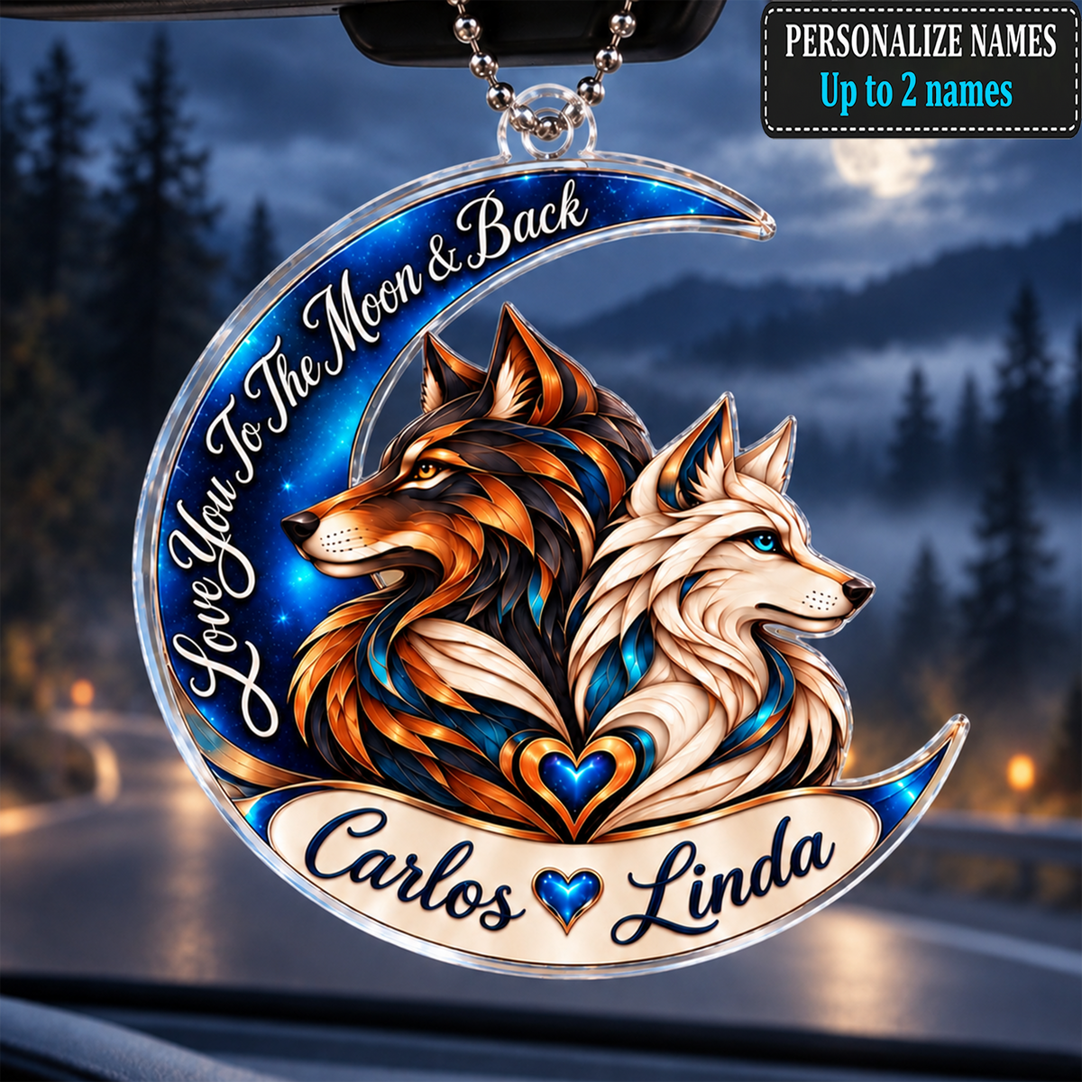 Personalized Names Love You to the Moon & Back Wolf Couple Ornament – Anniversary Gift