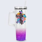 Colorful Butterfly Cross Inspirational Christian 40 Oz Tumbler With Handle - Personalized Stainless Steel Tumbler
