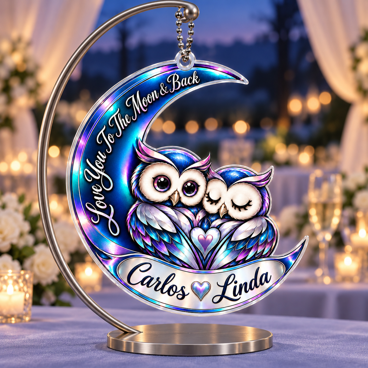Personalized Names Blue Owl Couple Moon Ornament – Anniversary Keepsake