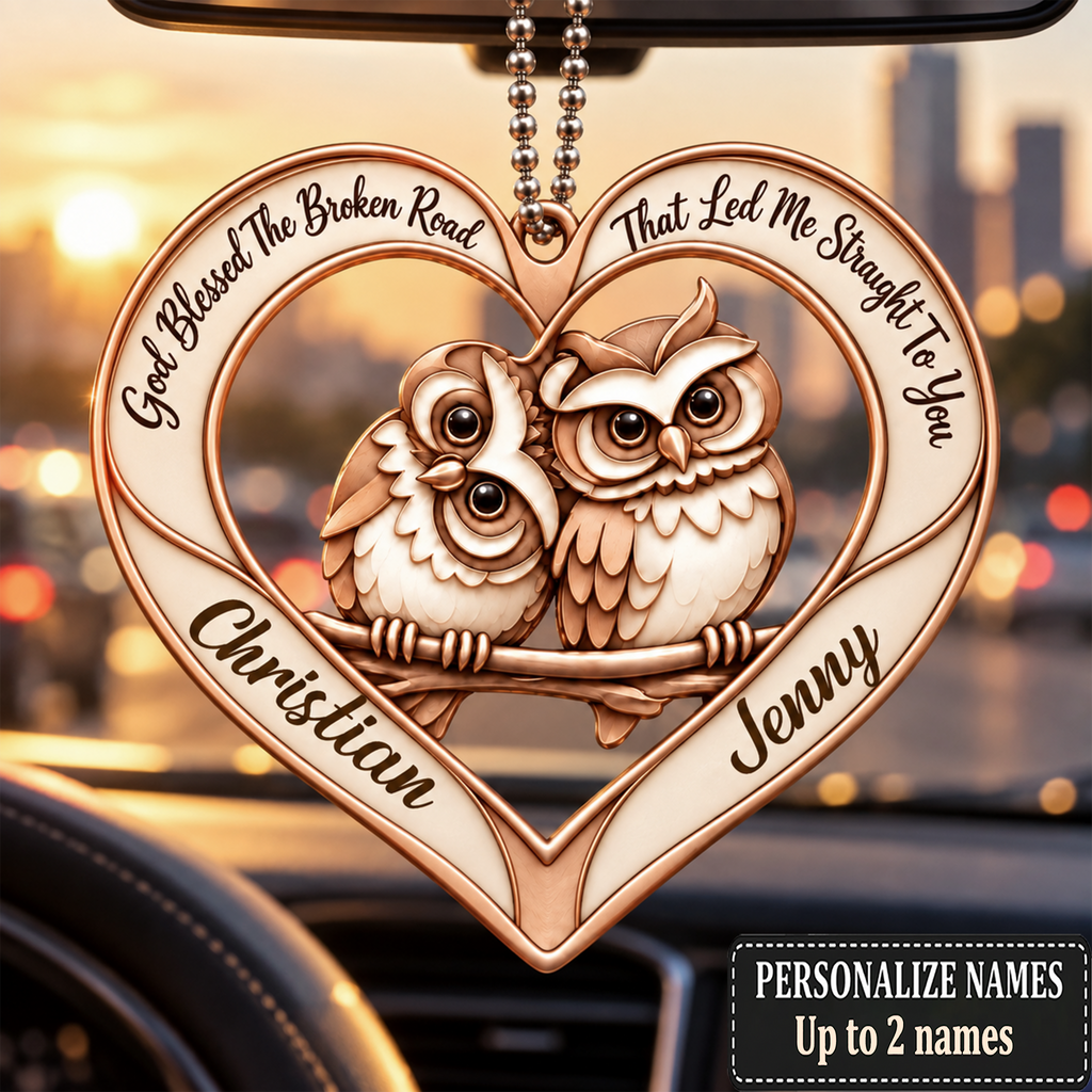 Couple Owl Heart Personalized Ornament - Custom Names God Blessed Heart with Owl Couple Heart Car Ornament - Gift for Couples, Anniversary Gifts for Husband & Wife, for Owl Lovers