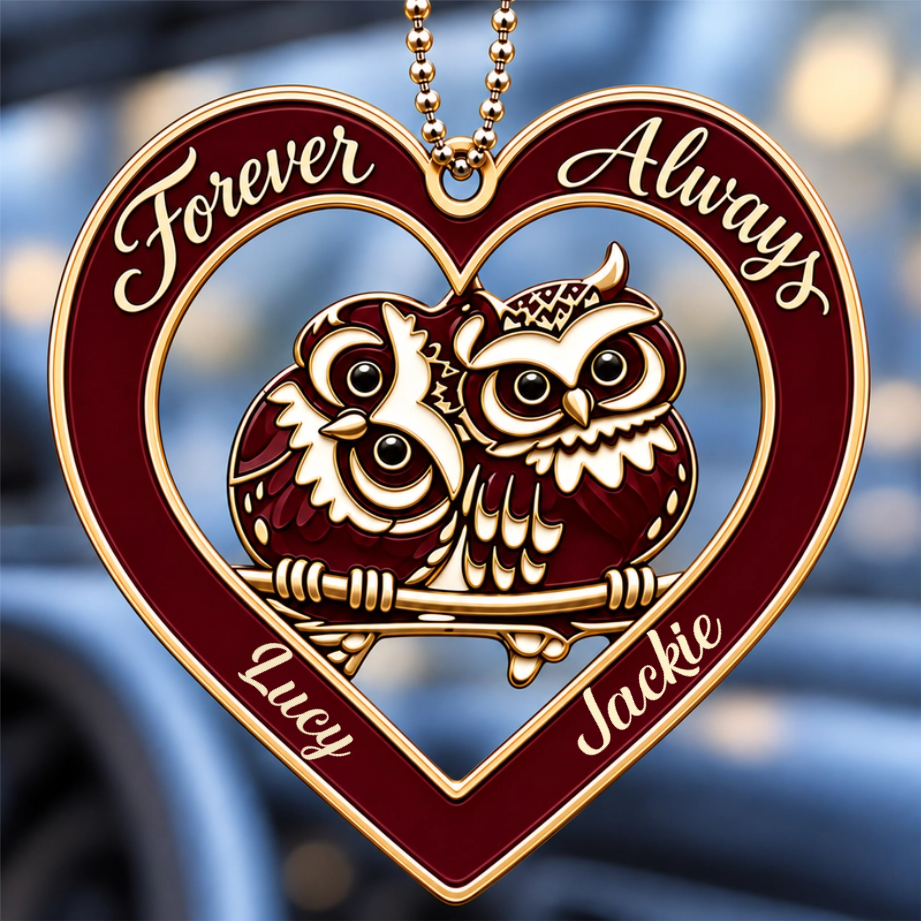 Personalized Names Forever & Always Owl Couple Heart Car Ornament with 8 Versions - Gift for Couples