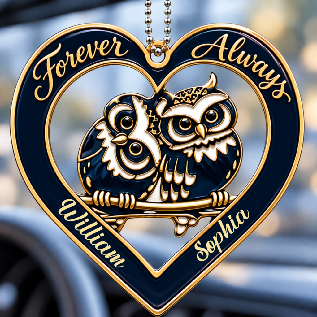 Personalized Names Forever & Always Owl Couple Heart Car Ornament with 8 Versions - Gift for Couples