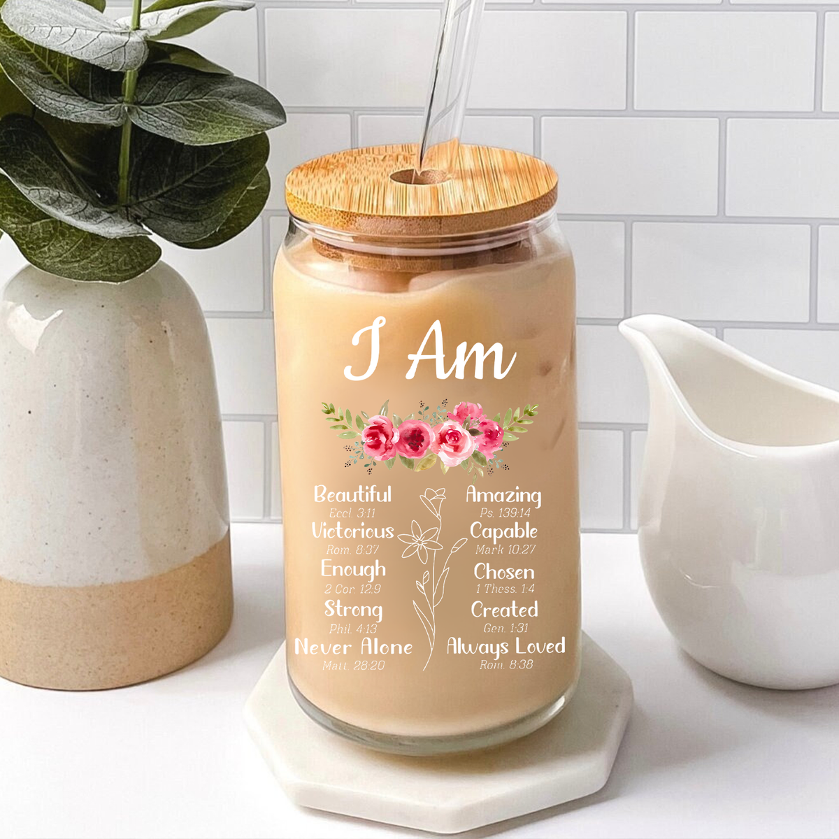 Floral I Am Can Glass Christian Gifts for Women