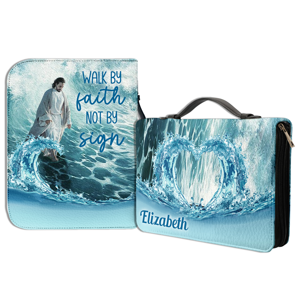 Blue Wave Heart Christ Walk On Water Christian Personalized Bible Cover