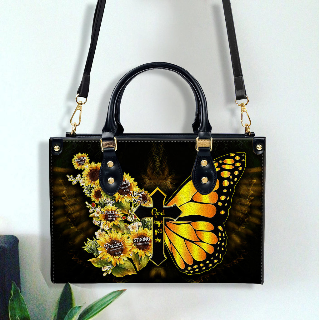 Yellow Butterfly Sunflowers You Are Leather Handbag With Handle Christian Gift Religious Gift For Women