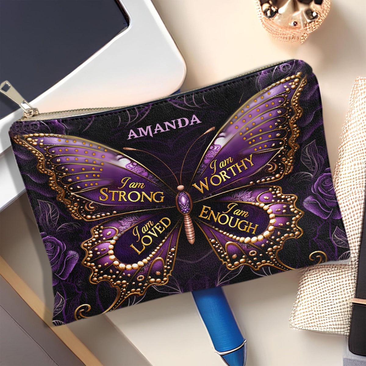 I Am Strong Personalized Cosmetic Bag Inspirational Gifts Christian Gift