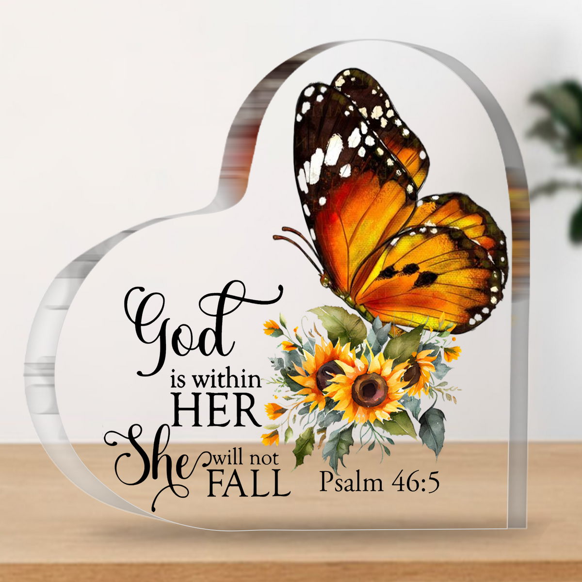 She Will Not Fall Butterfly Heart Shaped Acrylic Plaque Christian Gifts Religious Gifts Inspirational Gifts with Bible Verse Prayers