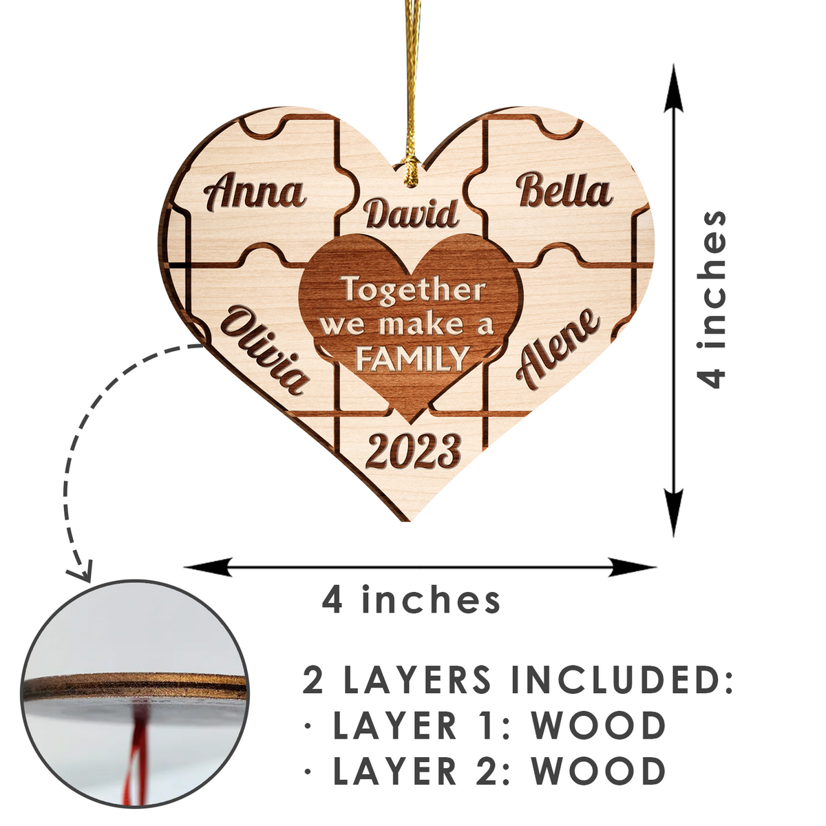 Christmas Family Heart Puzzle Custom Two Layers Ornament Christmas Ornament Car Hanging Ornament