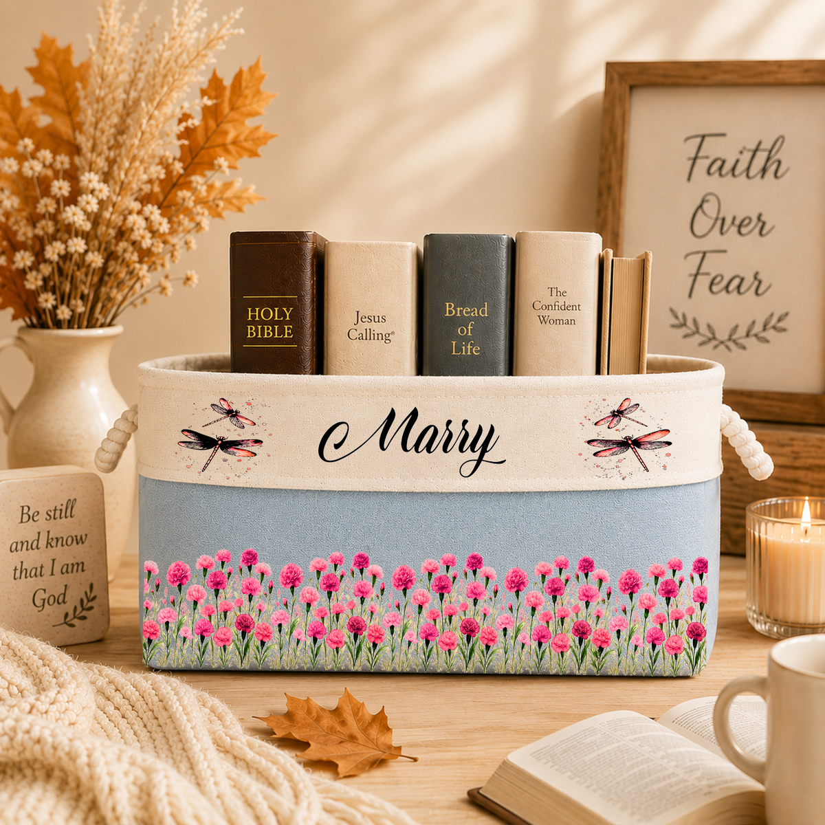 Custom Storage Basket - Personalized Birth Month Flower Book Basket - Gifts for Birthday, Bookworms, women