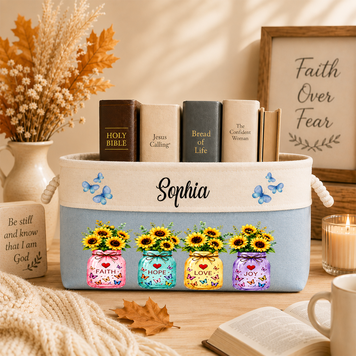 Custom Storage Basket - Personalized Faith Hope Love Bible Flower Book Basket - Gifts for Jesus Lovers, Bookish Lovers