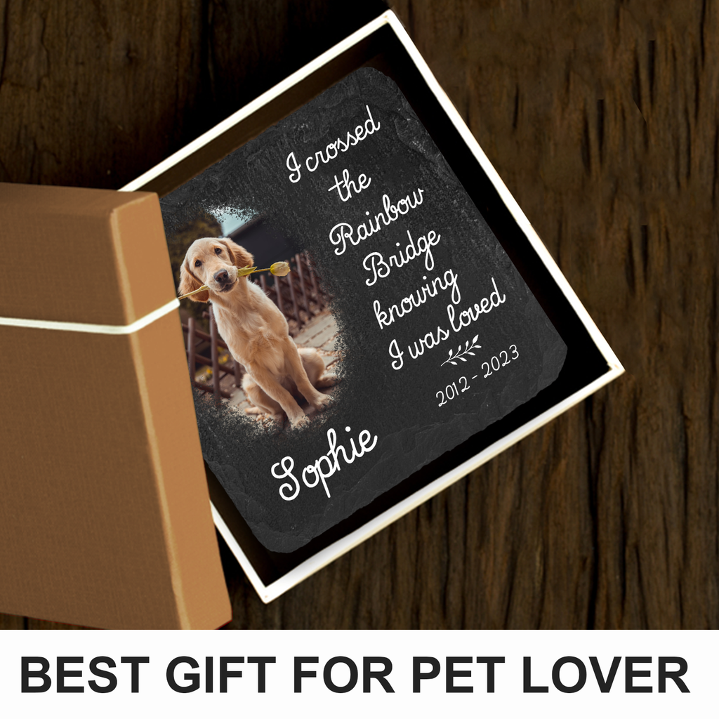 Pet Photo I Crossed The Rainbow Bridge Custom Dog Memorial Stone, Pet Memorial Gifts - Personalized Custom Memorial Tombstone