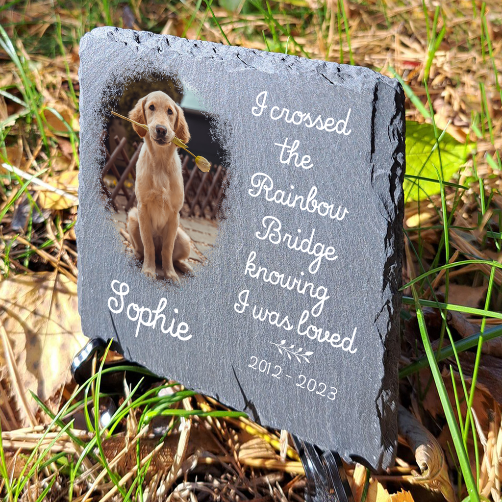 Pet Photo I Crossed The Rainbow Bridge Custom Dog Memorial Stone, Pet Memorial Gifts - Personalized Custom Memorial Tombstone