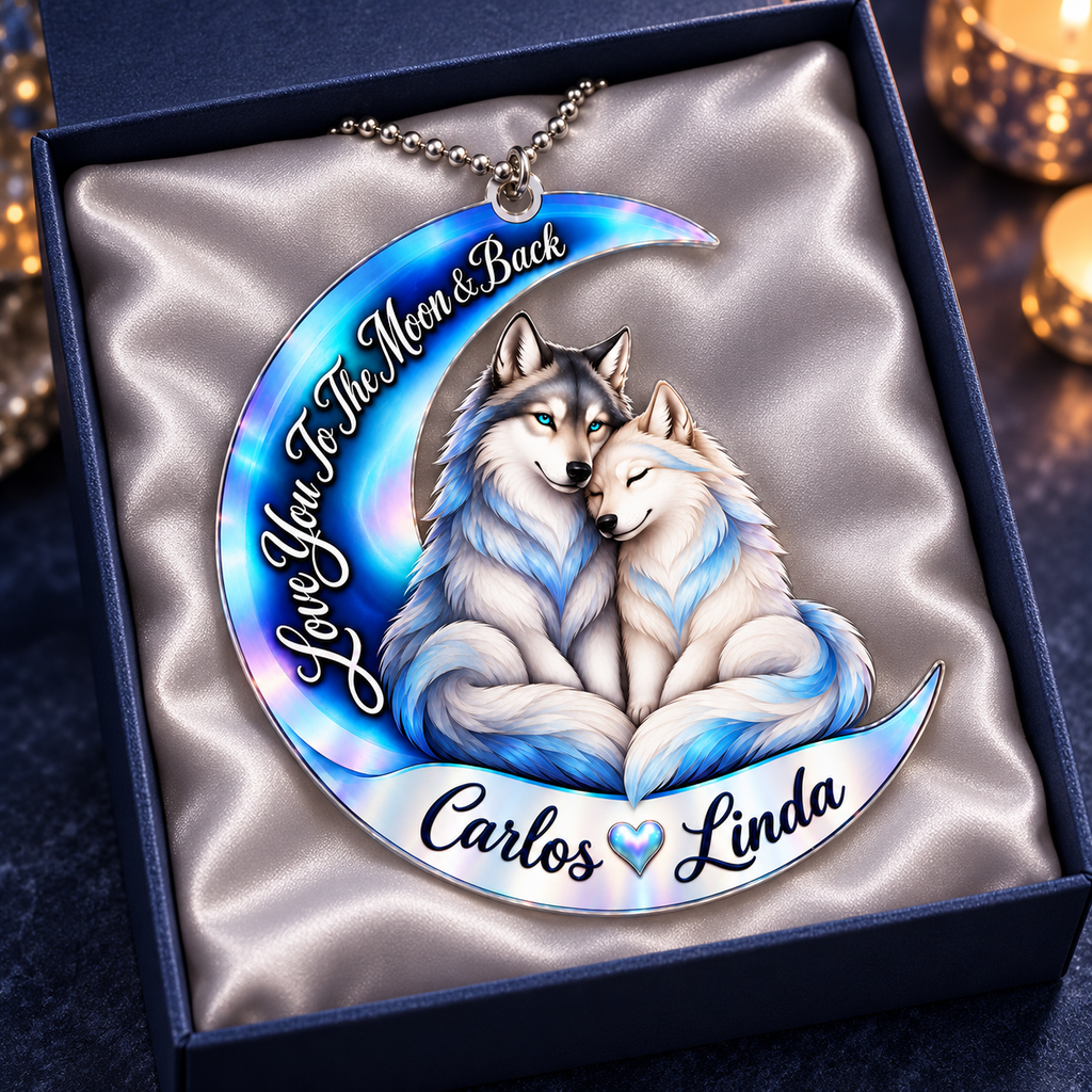 Personalized Names Love You to the Moon & Back Blue Wolf Couple Ornament – Anniversary Keepsake