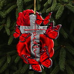 Red Roses Butterflies Faith Cross Christian Ornament Gift Christmas Ornament Car Hanging