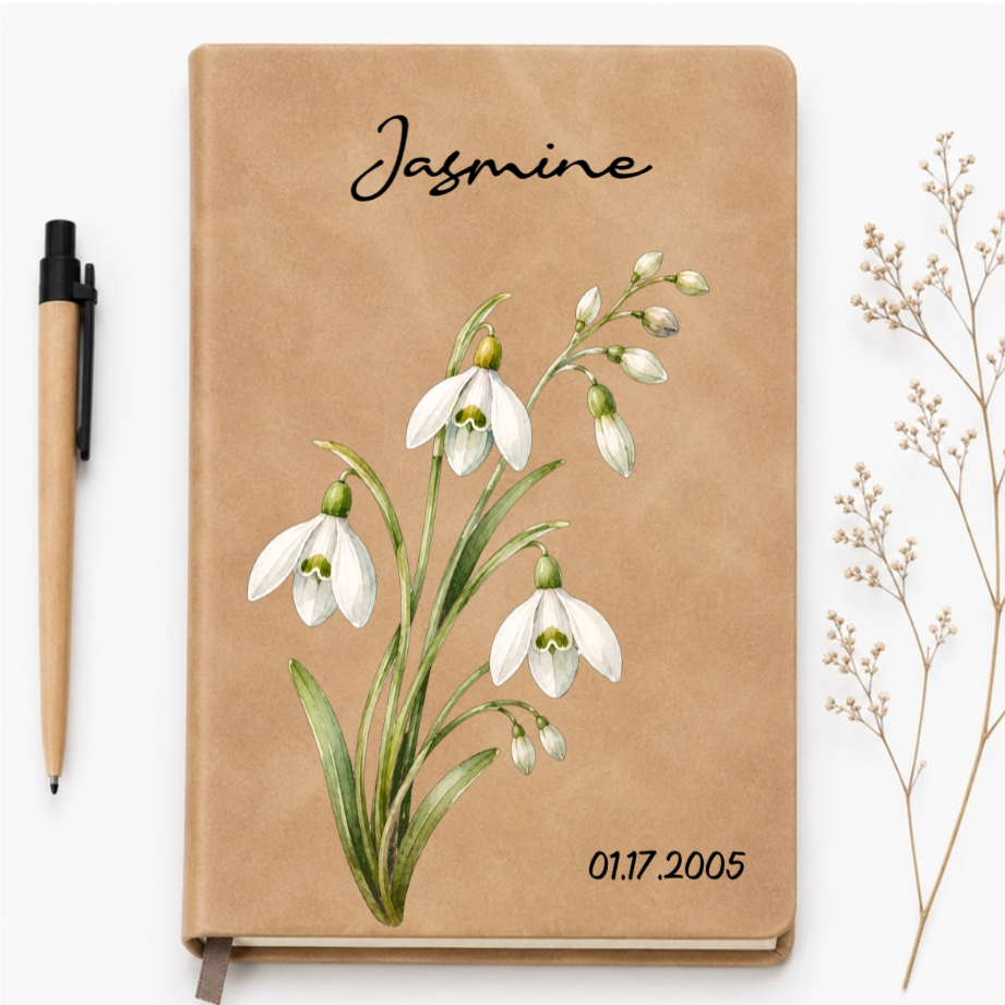 Custom Leather Journal Notebook - Personalized Birth Month Flower Watercolor Vintage Notebook- Gifts for Birthday, Flower Lovers & women