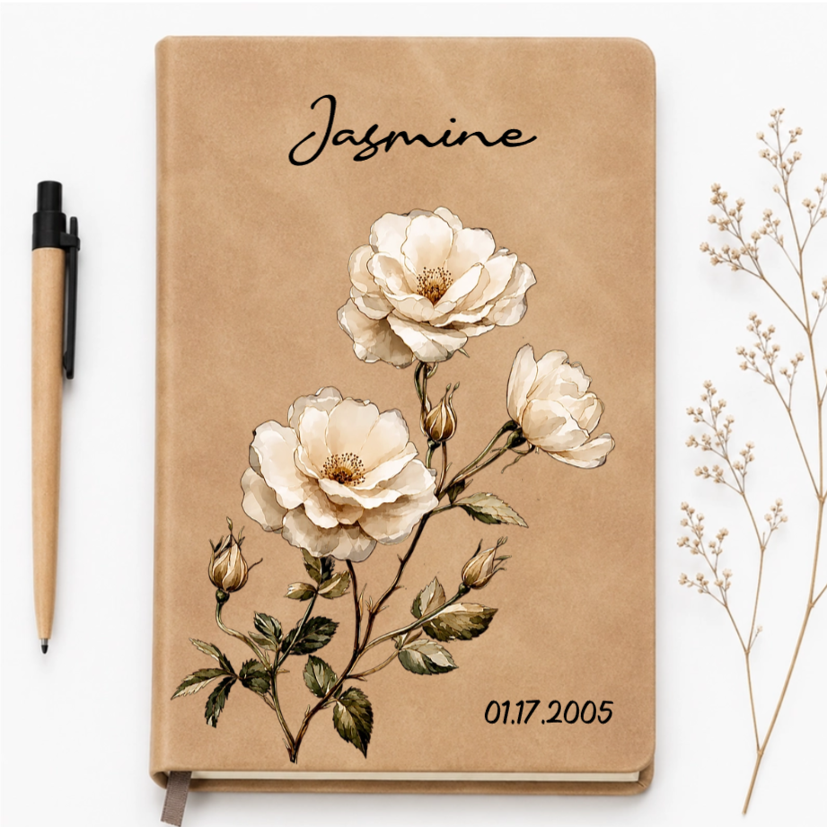 Custom Leather Journal Notebook - Personalized Birth Month Flower Watercolor Vintage Notebook- Gifts for Birthday, Flower Lovers & women