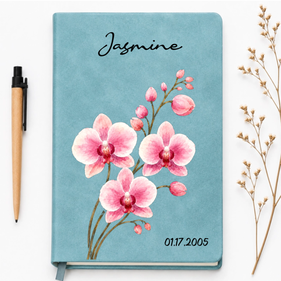 Custom Leather Journal Notebook - Personalized Birth Month Flower Watercolor Vintage Notebook- Gifts for Birthday, Flower Lovers & women