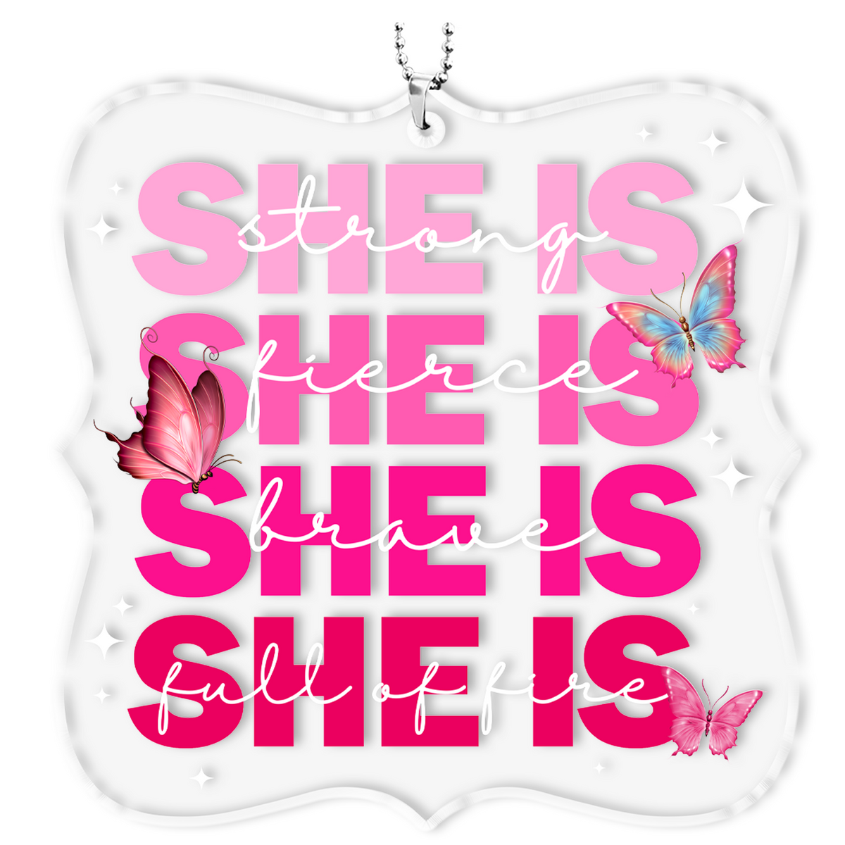 She Is Strong Pink Butterflies Christian Ornament Gift Christmas Acrylic Transparent Ornament Car Hanging