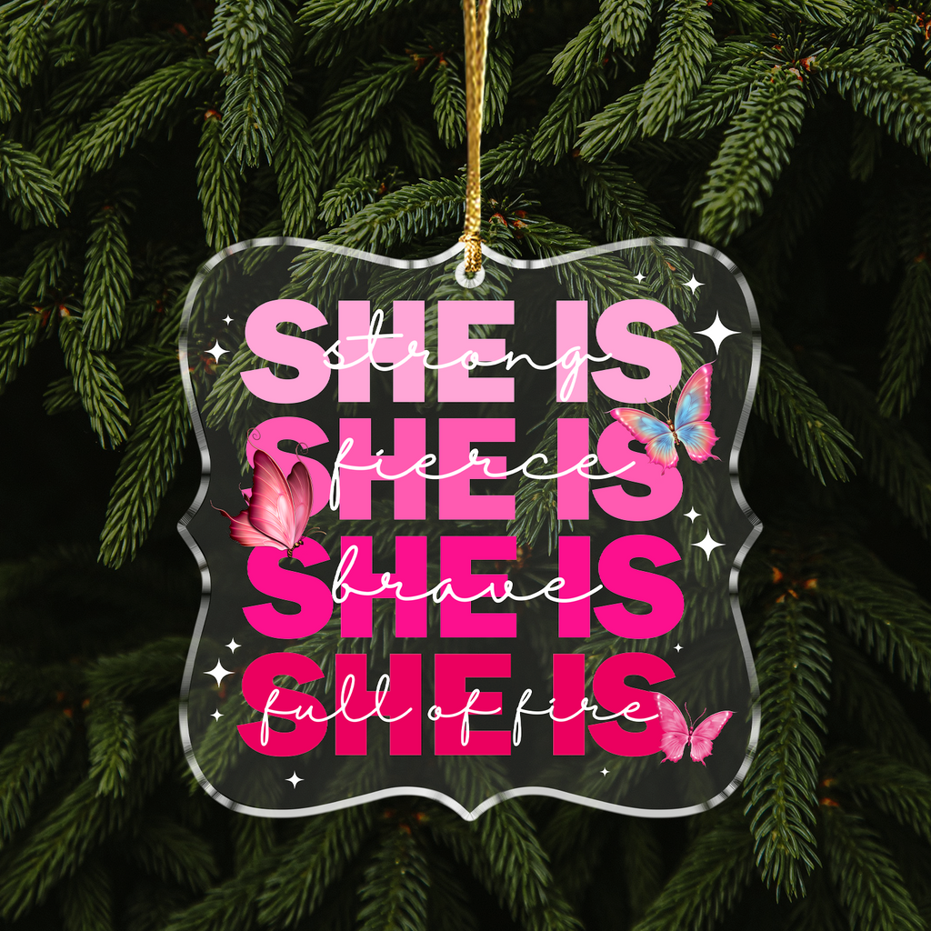 She Is Strong Pink Butterflies Christian Ornament Gift Christmas Acrylic Transparent Ornament Car Hanging