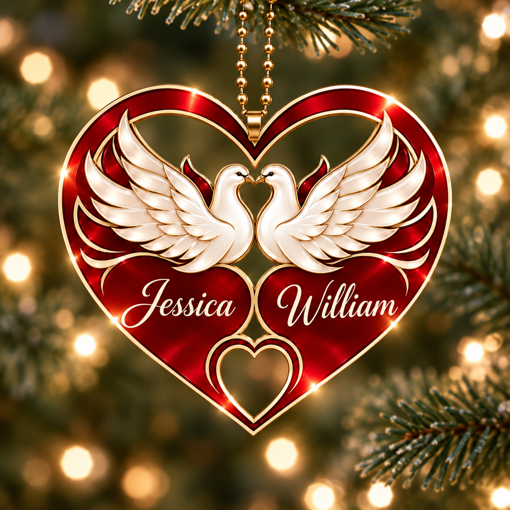 Personalized Names Dove Couple Red Heart Ornament – Anniversary Gift