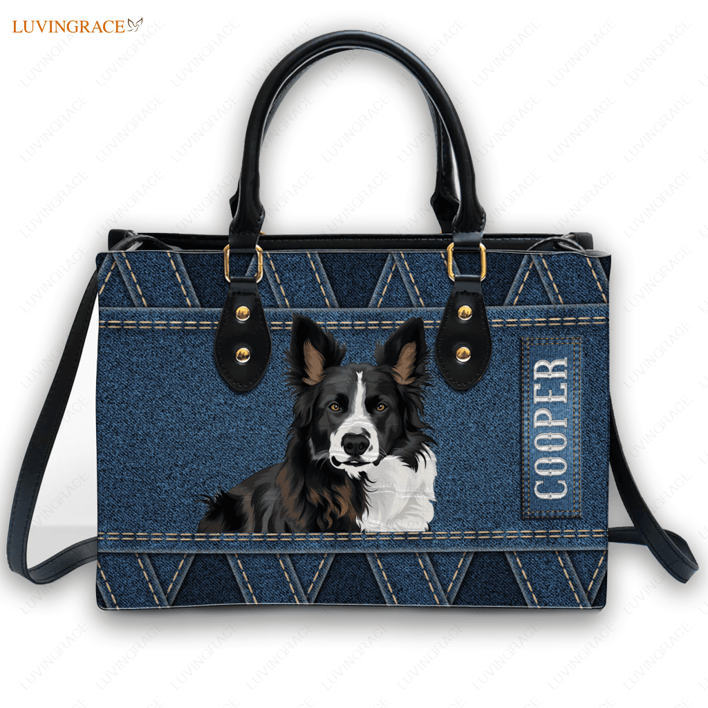 Blue Jean Pattern Pet Digital Painting Portrait - Personalized Custom Leather Bag Handbags