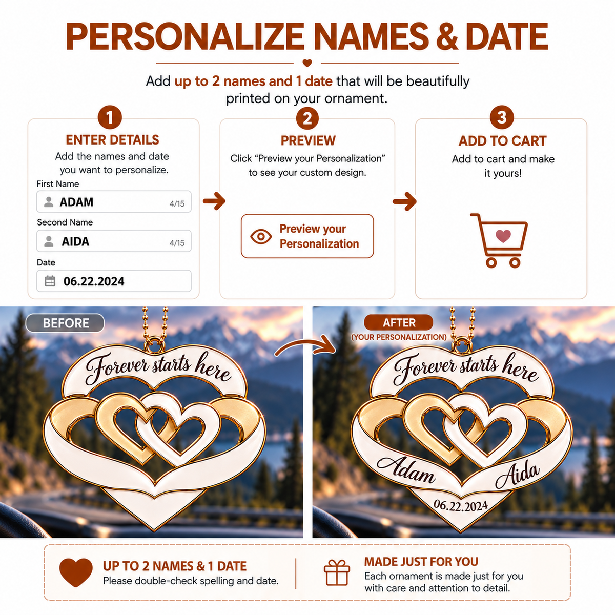 Personalized Interlocking Hearts Ornament – Custom Names & Date Couple Gift