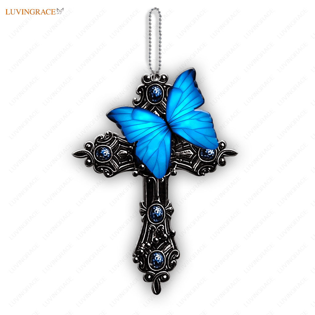Printfamily L183 Blue Butterfly Pray For God Ornament