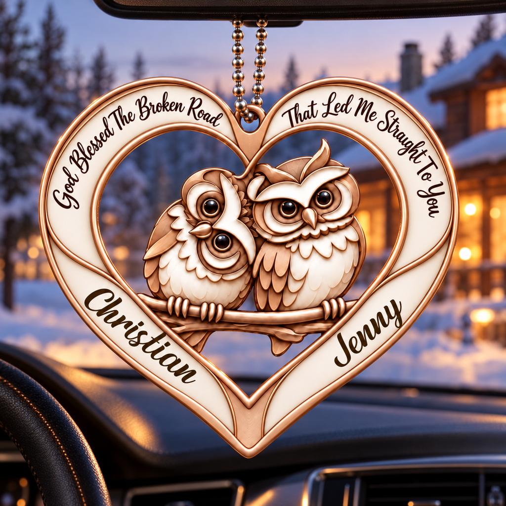 Couple Owl Heart Personalized Ornament - Custom Names God Blessed Heart with Owl Couple Heart Car Ornament - Gift for Couples, Anniversary Gifts for Husband & Wife, for Owl Lovers