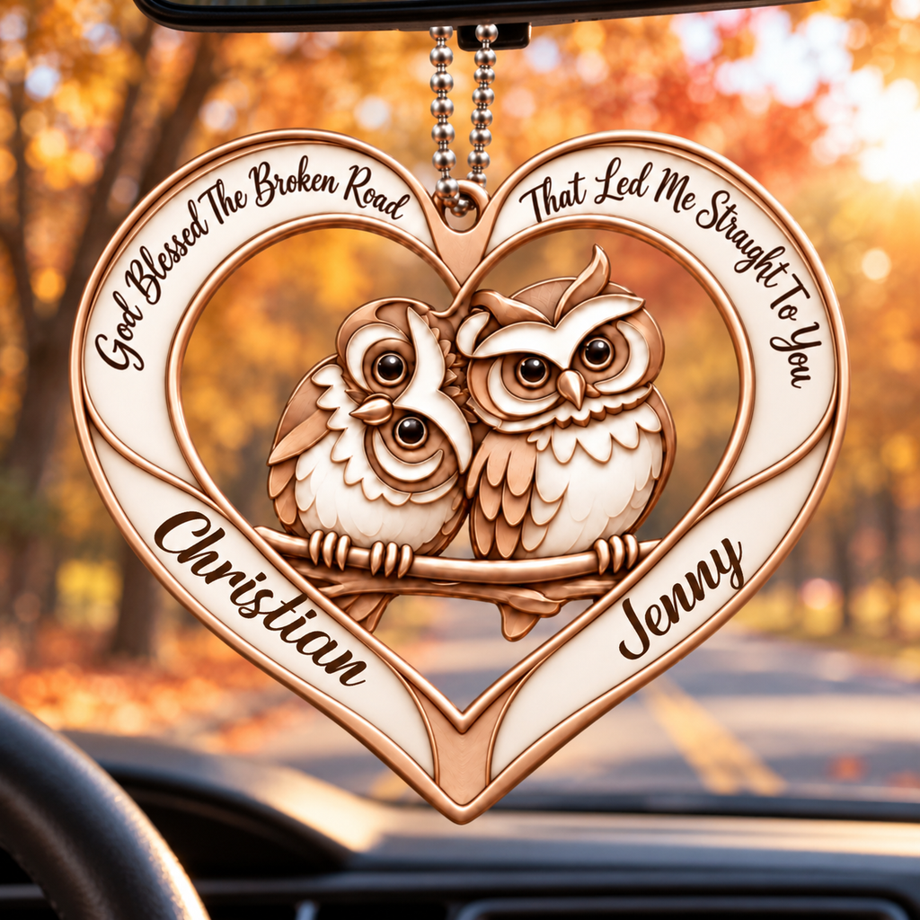 Couple Owl Heart Personalized Ornament - Custom Names God Blessed Heart with Owl Couple Heart Car Ornament - Gift for Couples, Anniversary Gifts for Husband & Wife, for Owl Lovers