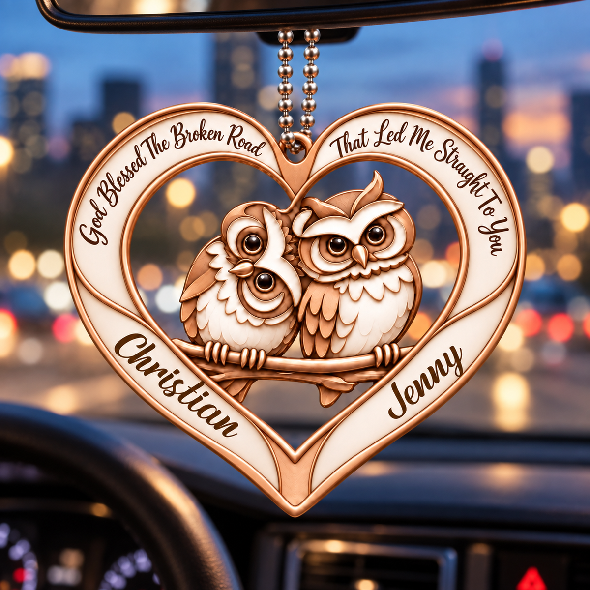 Couple Owl Heart Personalized Ornament - Custom Names God Blessed Heart with Owl Couple Heart Car Ornament - Gift for Couples, Anniversary Gifts for Husband & Wife, for Owl Lovers