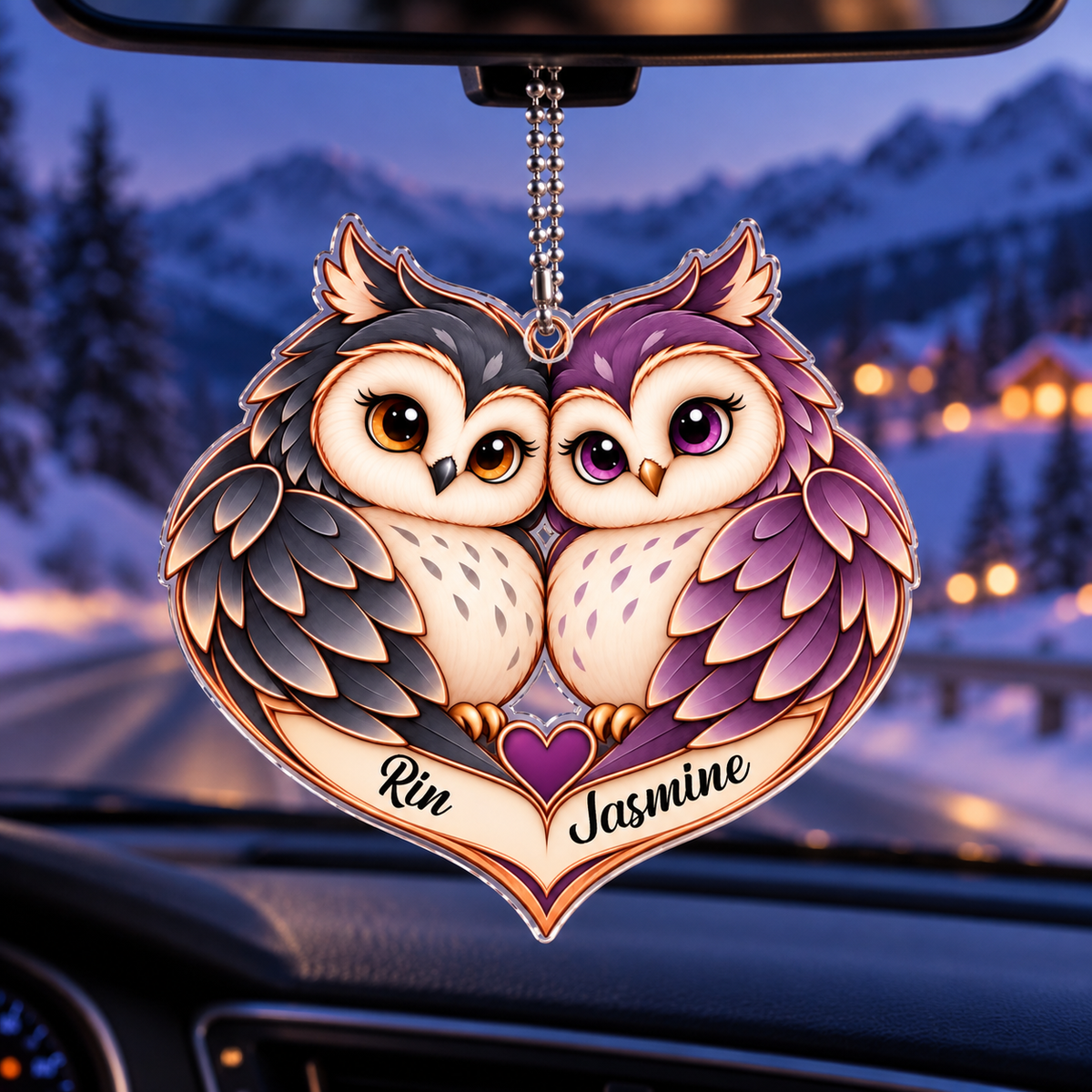 Couple Owl Heart Personalized Ornament - Custom Names Romantic Love with Owl Couple Heart Car Ornament - Gift for Couples, Anniversary Gifts for Husband & Wife, for Owl Lovers