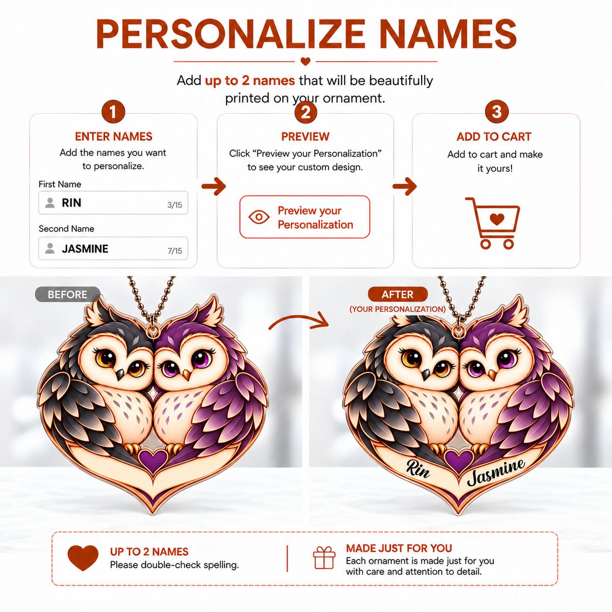 Couple Owl Heart Personalized Ornament - Custom Names Romantic Love with Owl Couple Heart Car Ornament - Gift for Couples, Anniversary Gifts for Husband & Wife, for Owl Lovers