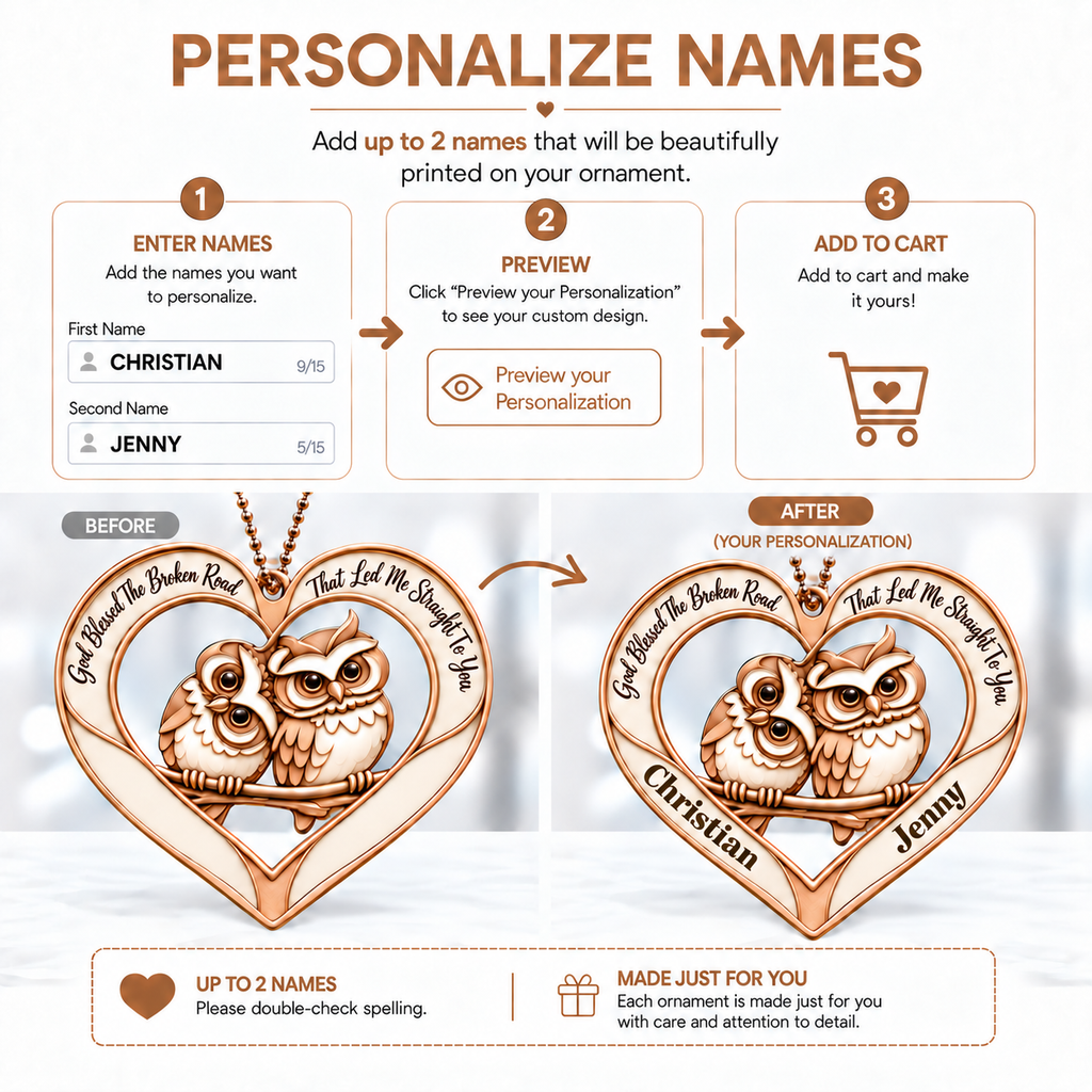 Couple Owl Heart Personalized Ornament - Custom Names God Blessed Heart with Owl Couple Heart Car Ornament - Gift for Couples, Anniversary Gifts for Husband & Wife, for Owl Lovers