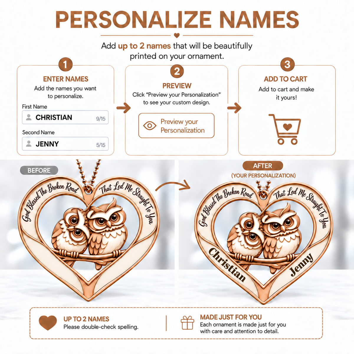 Couple Owl Heart Personalized Ornament - Custom Names God Blessed Heart with Owl Couple Heart Car Ornament - Gift for Couples, Anniversary Gifts for Husband & Wife, for Owl Lovers