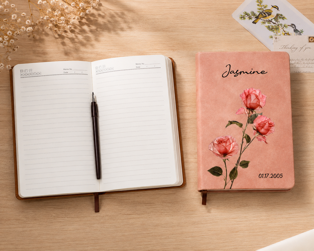Custom Leather Journal - Personalized Birth Month Flower Vintage Notebook- Gifts for Birthday, Flower Lovers & women