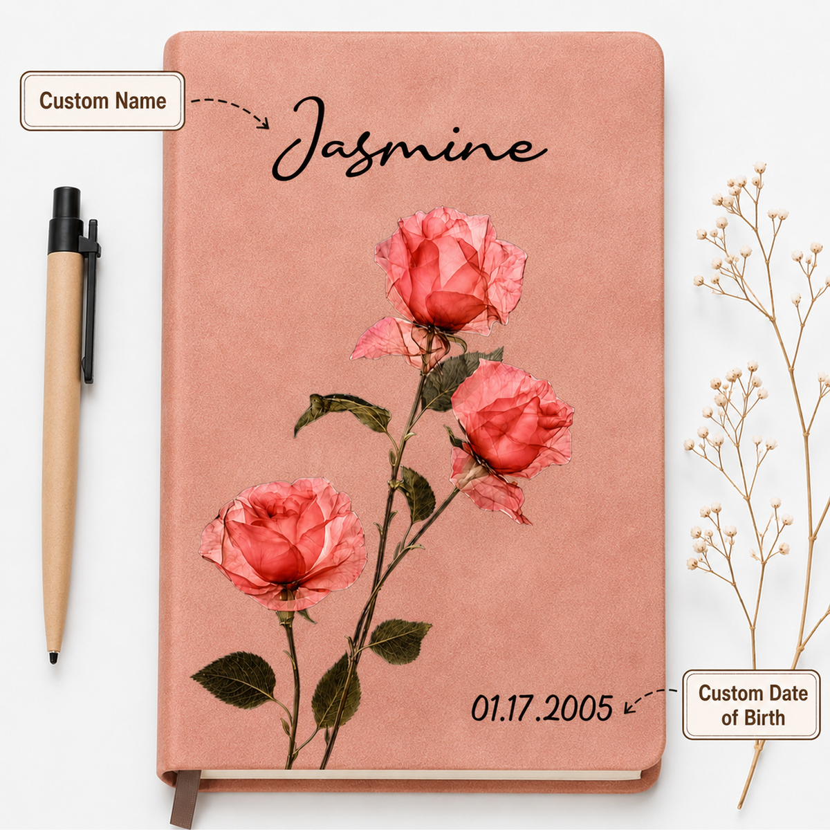 Custom Leather Journal Notebook - Personalized Birth Month Flower Watercolor Vintage Notebook- Gifts for Birthday, Flower Lovers & women