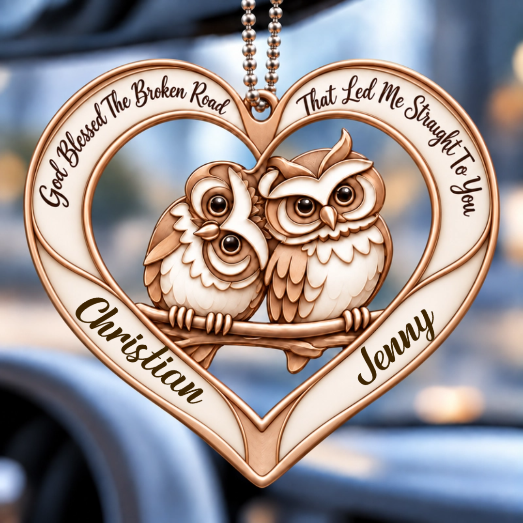 Couple Owl Heart Personalized Ornament - Custom Names God Blessed Heart with Owl Couple Heart Car Ornament - Gift for Couples, Anniversary Gifts for Husband & Wife, for Owl Lovers