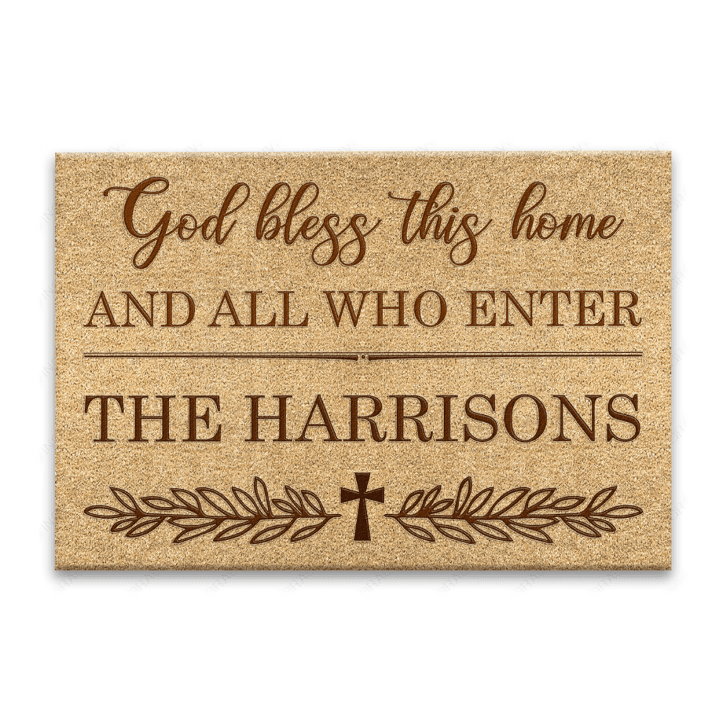 Vintage Floral Cross God Bless This Home Personalized Doormat